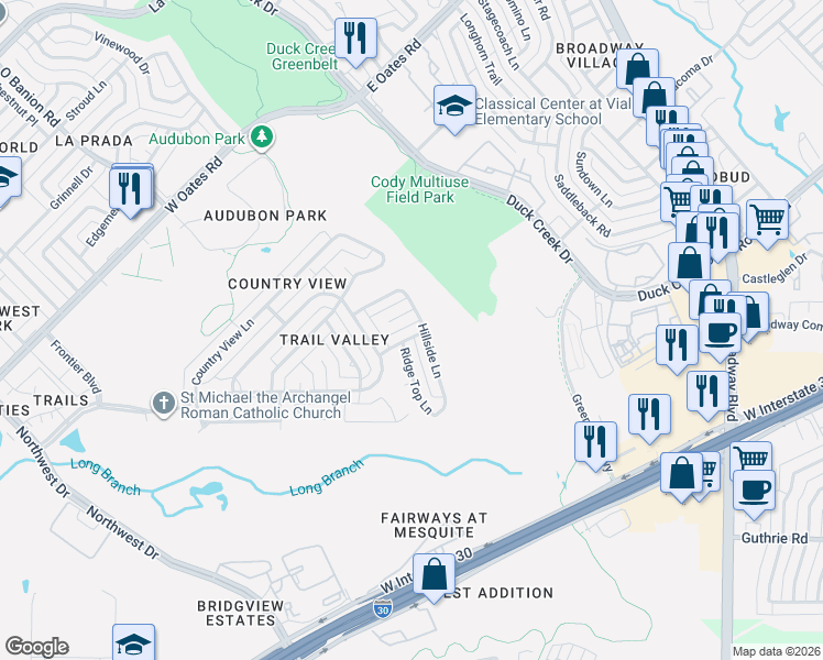 map of restaurants, bars, coffee shops, grocery stores, and more near 5926 Hillside Lane in Garland