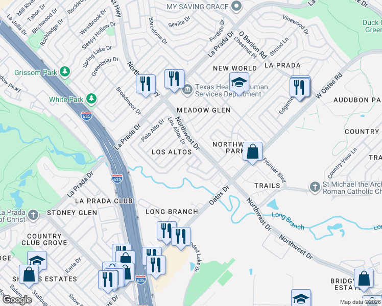 map of restaurants, bars, coffee shops, grocery stores, and more near 1700 Los Rios Drive in Mesquite