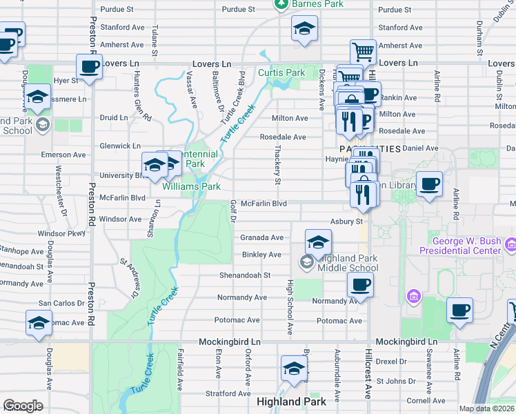 map of restaurants, bars, coffee shops, grocery stores, and more near 3608 McFarlin Boulevard in Dallas