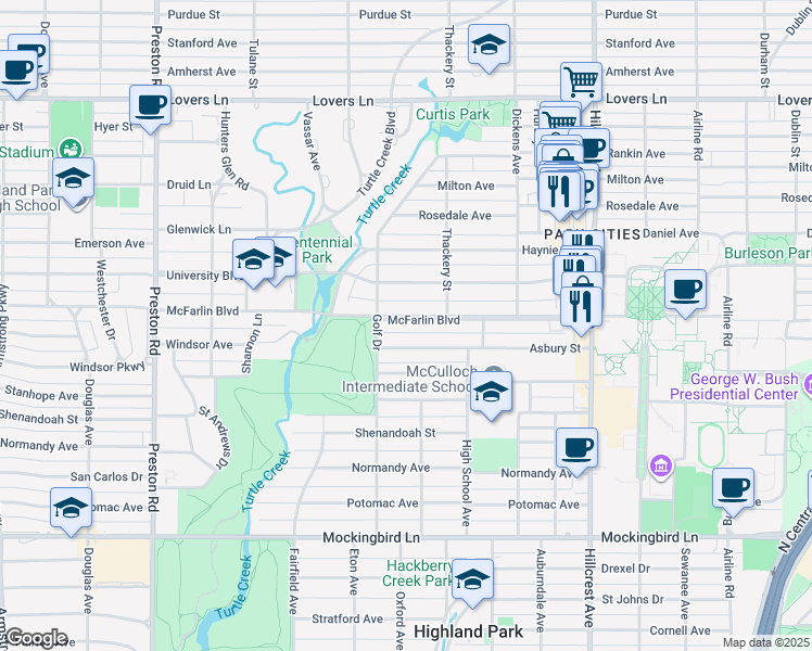 map of restaurants, bars, coffee shops, grocery stores, and more near 3644 McFarlin Boulevard in Dallas
