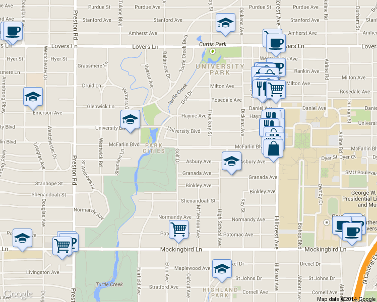 map of restaurants, bars, coffee shops, grocery stores, and more near 3644 McFarlin Boulevard in Dallas