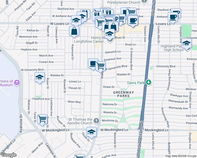 map of restaurants, bars, coffee shops, grocery stores, and more near 5218 Wateka Drive in Dallas