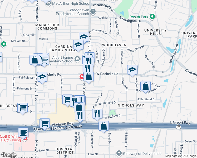 map of restaurants, bars, coffee shops, grocery stores, and more near 326 West Rochelle Road in Irving