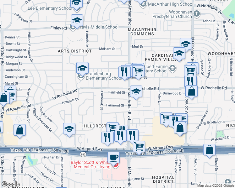 map of restaurants, bars, coffee shops, grocery stores, and more near 1113 Fairfield Street in Irving