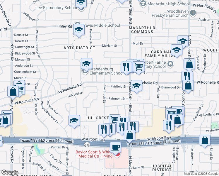 map of restaurants, bars, coffee shops, grocery stores, and more near 1209 Fairfield Street in Irving