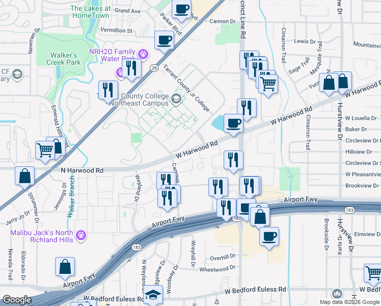 map of restaurants, bars, coffee shops, grocery stores, and more near Tarrant County Junior College in Hurst