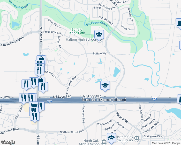 map of restaurants, bars, coffee shops, grocery stores, and more near 5445 Wedge Wood Drive in Haltom City