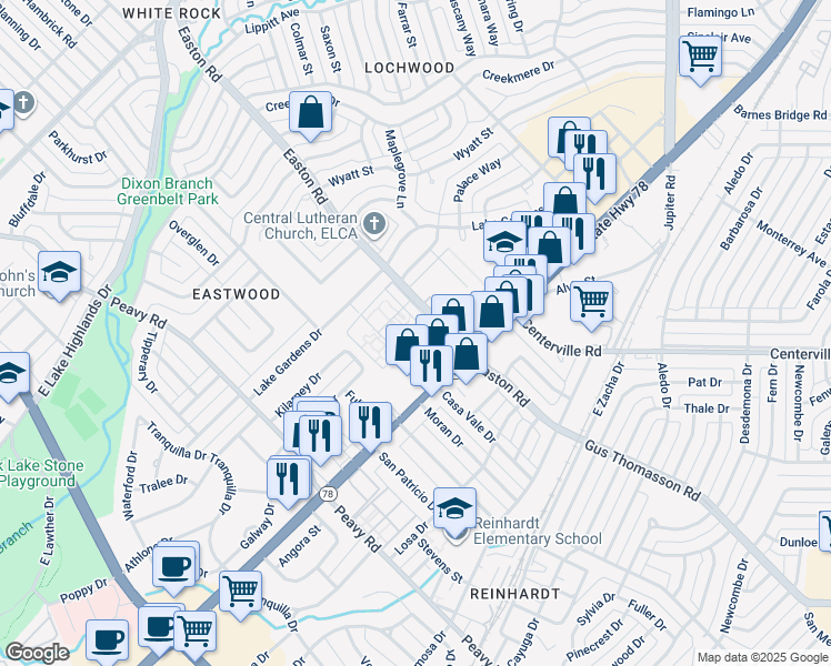 map of restaurants, bars, coffee shops, grocery stores, and more near 1156 Whitehaven Drive in Dallas