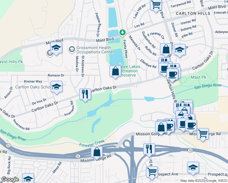 map of restaurants, bars, coffee shops, grocery stores, and more near 9009 Calle del Verde in Santee