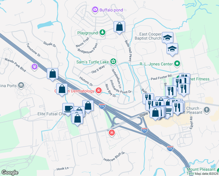map of restaurants, bars, coffee shops, grocery stores, and more near 532 Pritchards Point Drive in Mount Pleasant