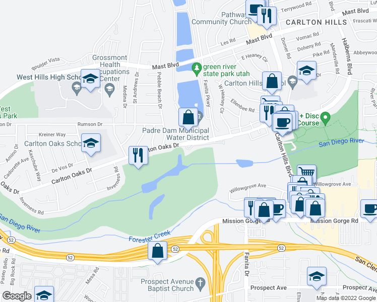 map of restaurants, bars, coffee shops, grocery stores, and more near 9013 Calle del Verde in Santee