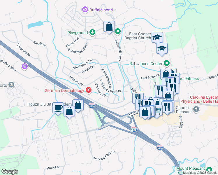 map of restaurants, bars, coffee shops, grocery stores, and more near 506 Antebellum Lane in Mount Pleasant