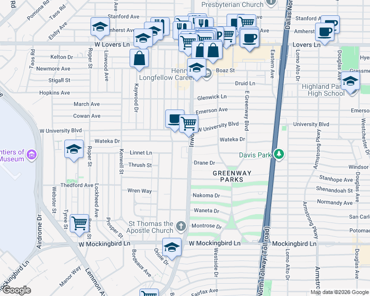 map of restaurants, bars, coffee shops, grocery stores, and more near 5218 Wateka Drive in Dallas