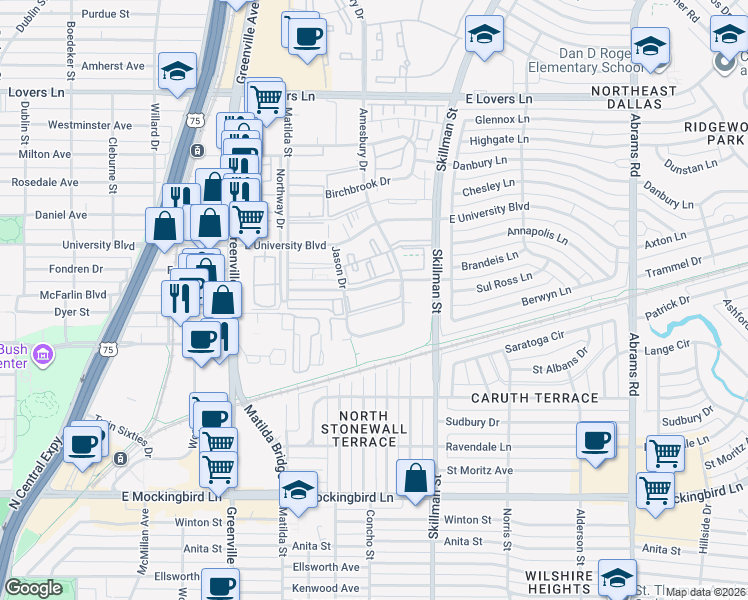 map of restaurants, bars, coffee shops, grocery stores, and more near 5928 Sandhurst Lane in Dallas