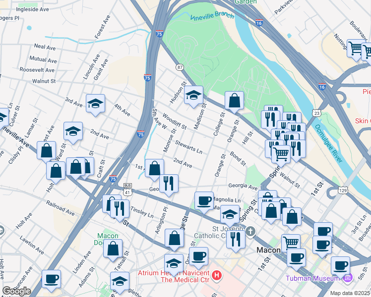 map of restaurants, bars, coffee shops, grocery stores, and more near 315 Singleton Street in Macon