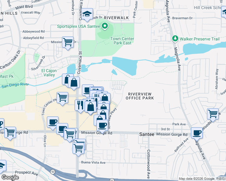 map of restaurants, bars, coffee shops, grocery stores, and more near 305 Cricket Court in Santee