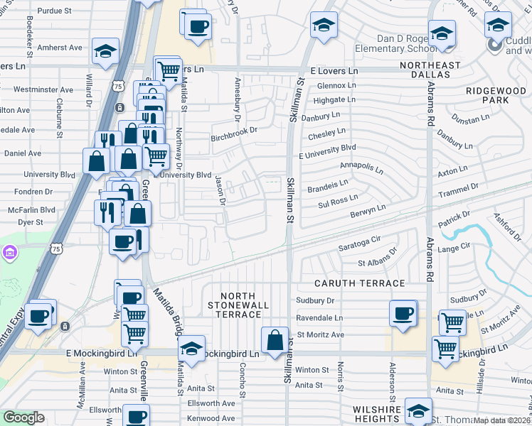 map of restaurants, bars, coffee shops, grocery stores, and more near 4675 Amesbury Drive in Dallas