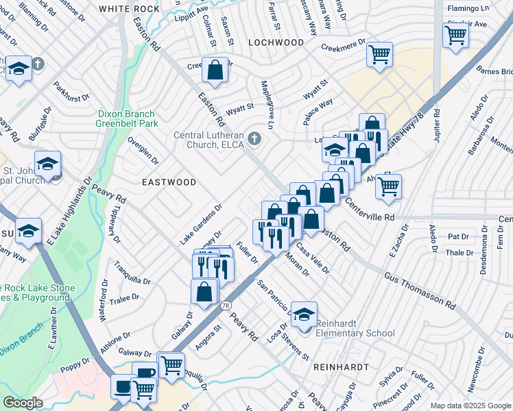 map of restaurants, bars, coffee shops, grocery stores, and more near 10363 Lone Tree Lane in Dallas