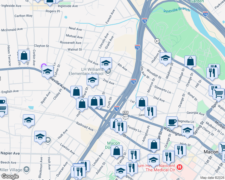 map of restaurants, bars, coffee shops, grocery stores, and more near 991 North Street Lane in Macon