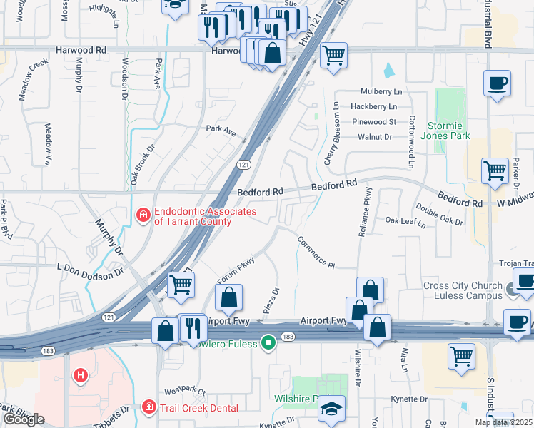 map of restaurants, bars, coffee shops, grocery stores, and more near 3032 Bedford Road in Bedford
