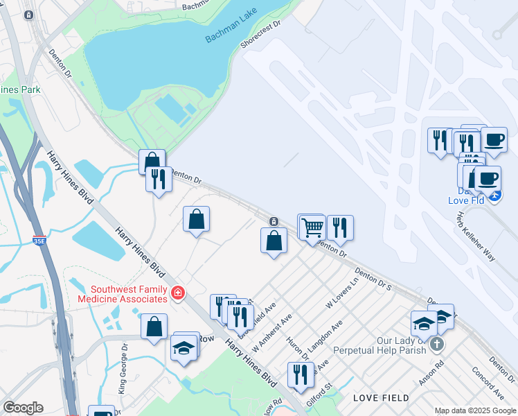 map of restaurants, bars, coffee shops, grocery stores, and more near Dallas Love Field Airport in Dallas