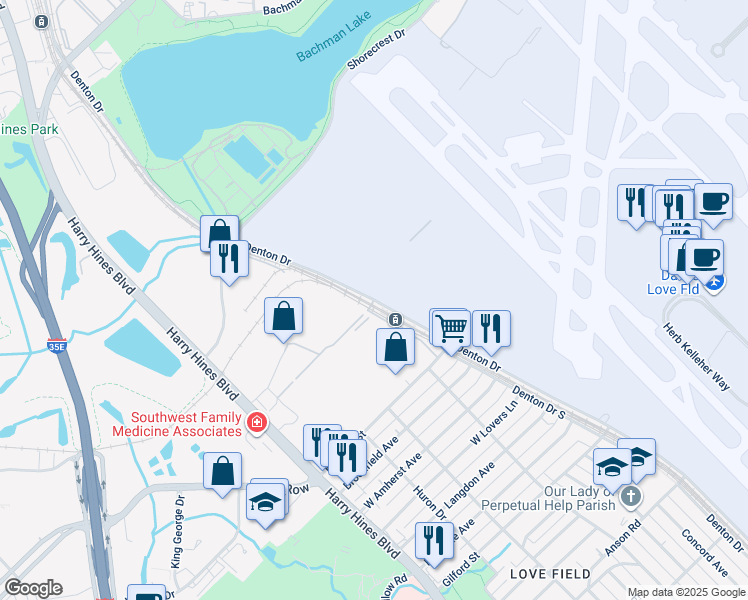map of restaurants, bars, coffee shops, grocery stores, and more near Dallas Love Field Airport in Dallas