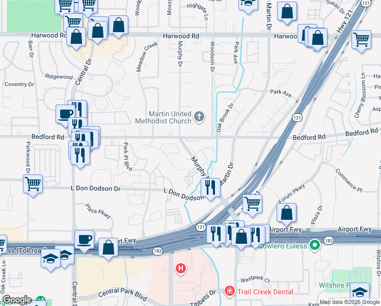 map of restaurants, bars, coffee shops, grocery stores, and more near 2212 Murphy Drive in Bedford