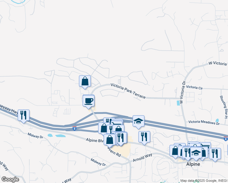 map of restaurants, bars, coffee shops, grocery stores, and more near 2363 Hyacinth Road in Alpine