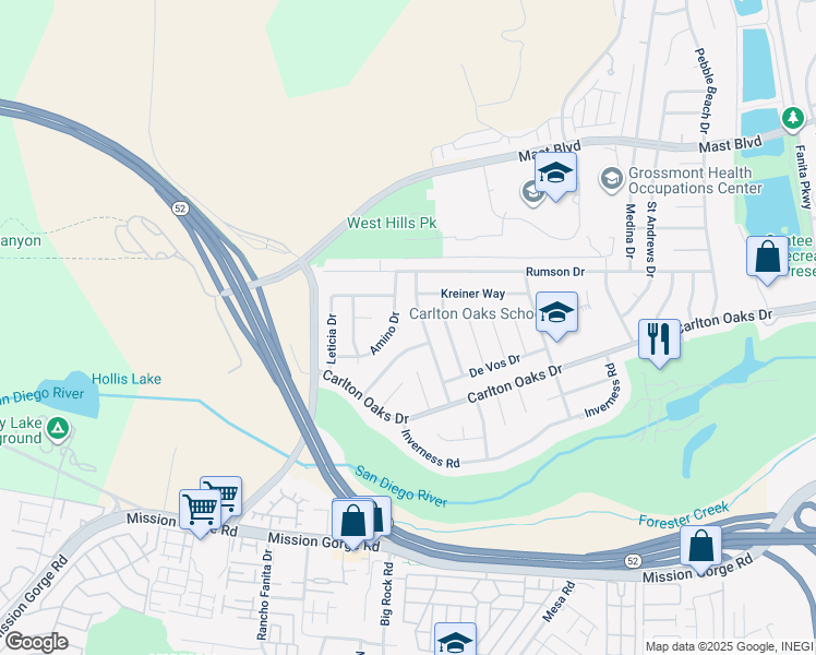 map of restaurants, bars, coffee shops, grocery stores, and more near 8401 Dube Court in Santee