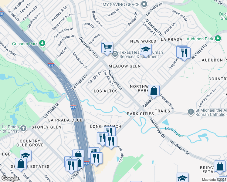 map of restaurants, bars, coffee shops, grocery stores, and more near 1700 Los Rios Drive in Mesquite