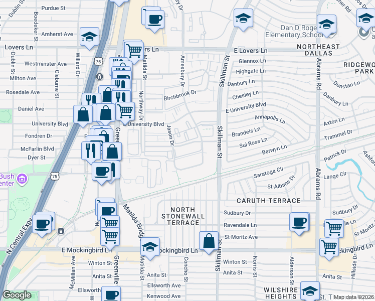 map of restaurants, bars, coffee shops, grocery stores, and more near 5908 Sandhurst Lane in Dallas