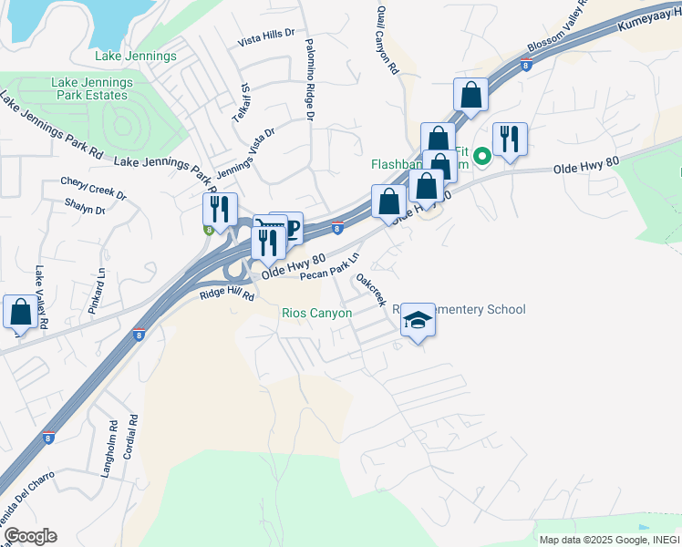 map of restaurants, bars, coffee shops, grocery stores, and more near 14215 Pecan Park Lane in El Cajon