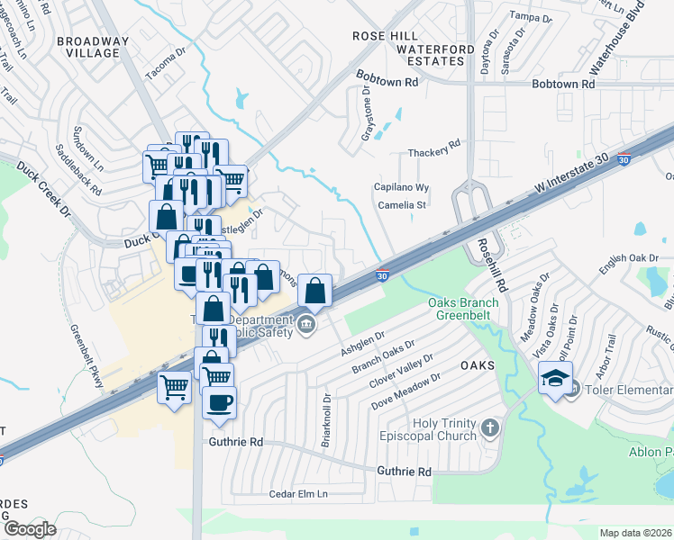 map of restaurants, bars, coffee shops, grocery stores, and more near 1038 Bristol Court in Garland