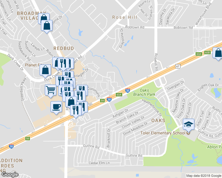 map of restaurants, bars, coffee shops, grocery stores, and more near 1034 Bristol Court in Garland