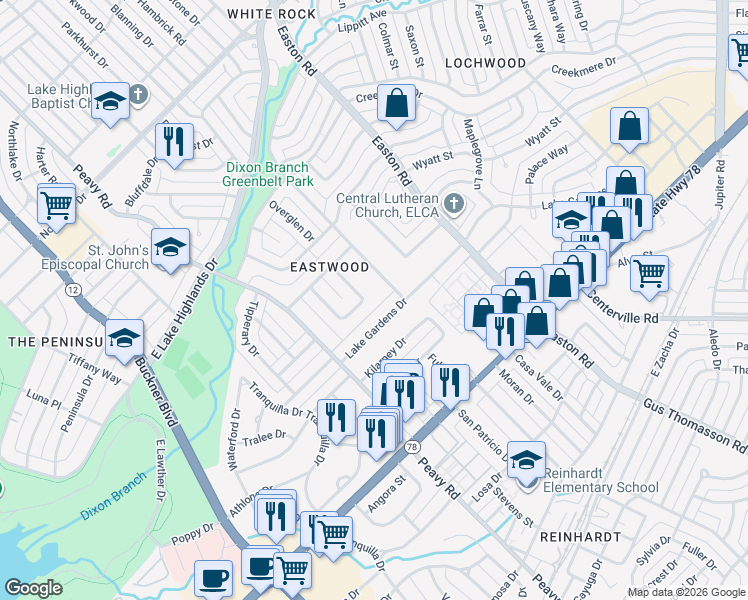 map of restaurants, bars, coffee shops, grocery stores, and more near 992 North Rustic Circle in Dallas