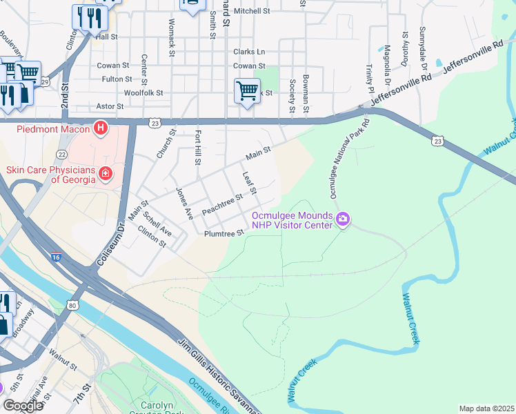 map of restaurants, bars, coffee shops, grocery stores, and more near 302 Leaf Court in Macon