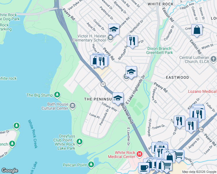 map of restaurants, bars, coffee shops, grocery stores, and more near 9518 Biscayne Boulevard in Dallas
