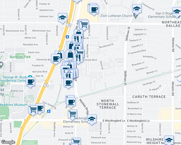 map of restaurants, bars, coffee shops, grocery stores, and more near 5802 Sandhurst Lane in Dallas