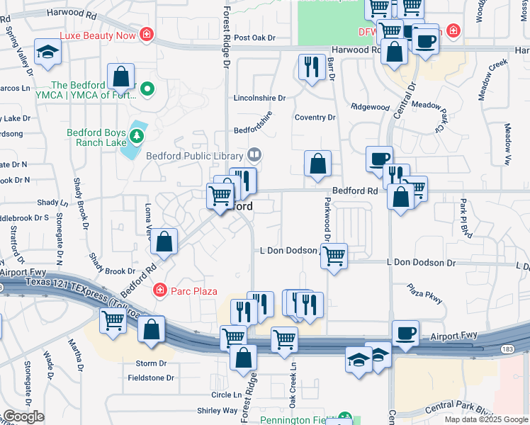 map of restaurants, bars, coffee shops, grocery stores, and more near 1708 Arbor Mill Circle in Bedford
