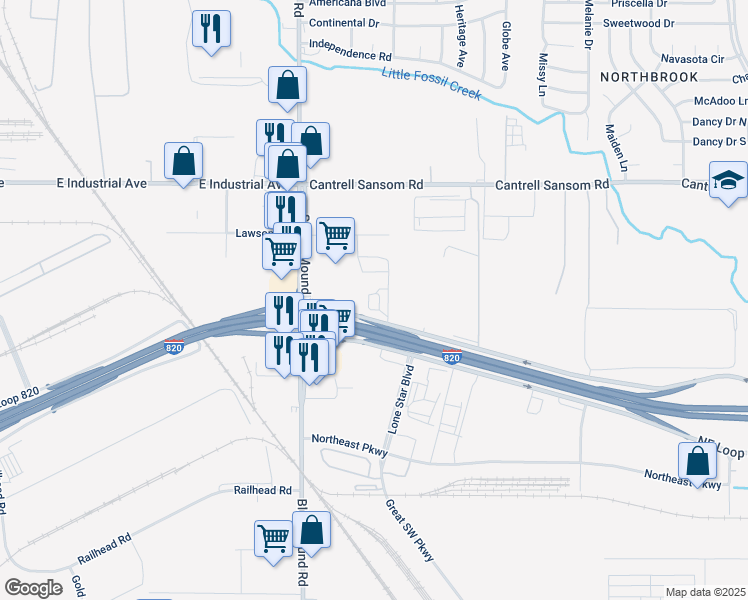 map of restaurants, bars, coffee shops, grocery stores, and more near Northgate Dr in Fort Worth