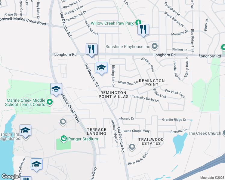 map of restaurants, bars, coffee shops, grocery stores, and more near 1096 Grand National Boulevard in Fort Worth