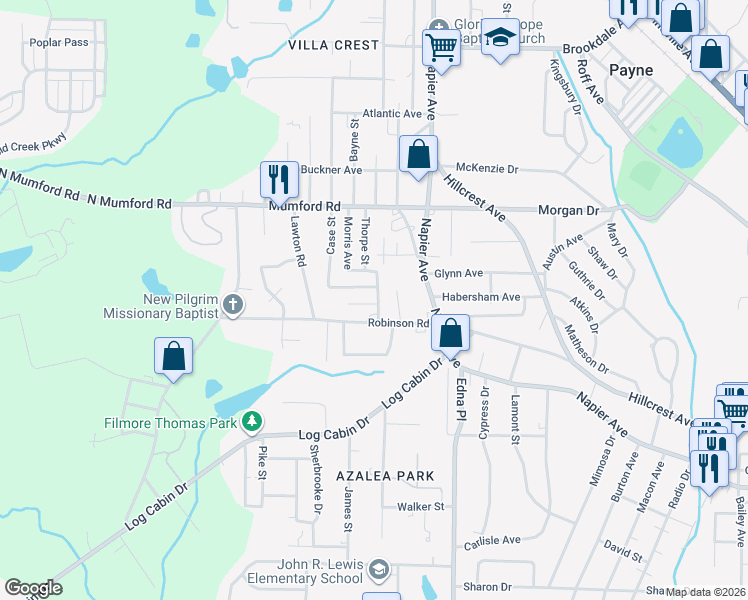 map of restaurants, bars, coffee shops, grocery stores, and more near 3948 Floyd Avenue in Macon
