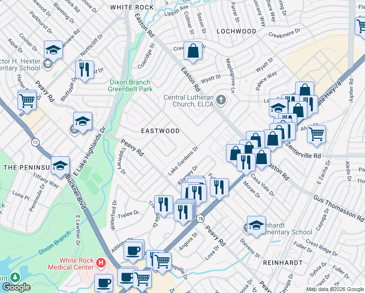 map of restaurants, bars, coffee shops, grocery stores, and more near 992 North Rustic Circle in Dallas