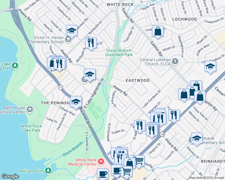 map of restaurants, bars, coffee shops, grocery stores, and more near 907 Tipperary Drive in Dallas