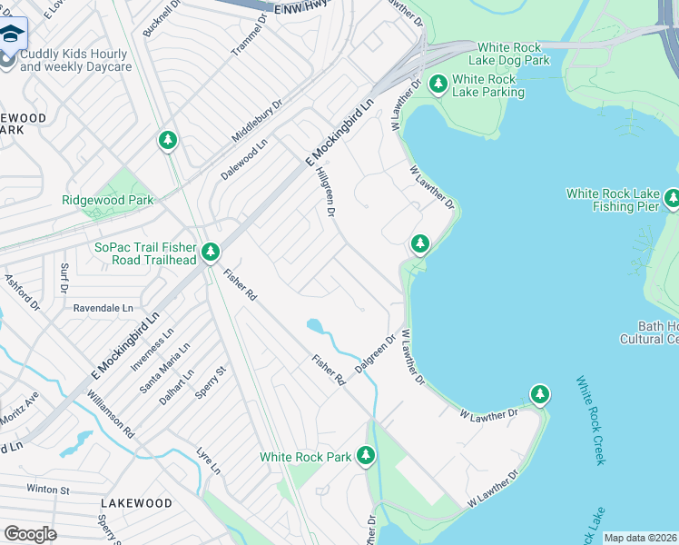 map of restaurants, bars, coffee shops, grocery stores, and more near 7198 West Circle Drive in Dallas