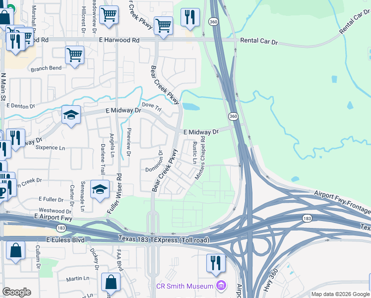 map of restaurants, bars, coffee shops, grocery stores, and more near 513 Rustic Lane in Euless