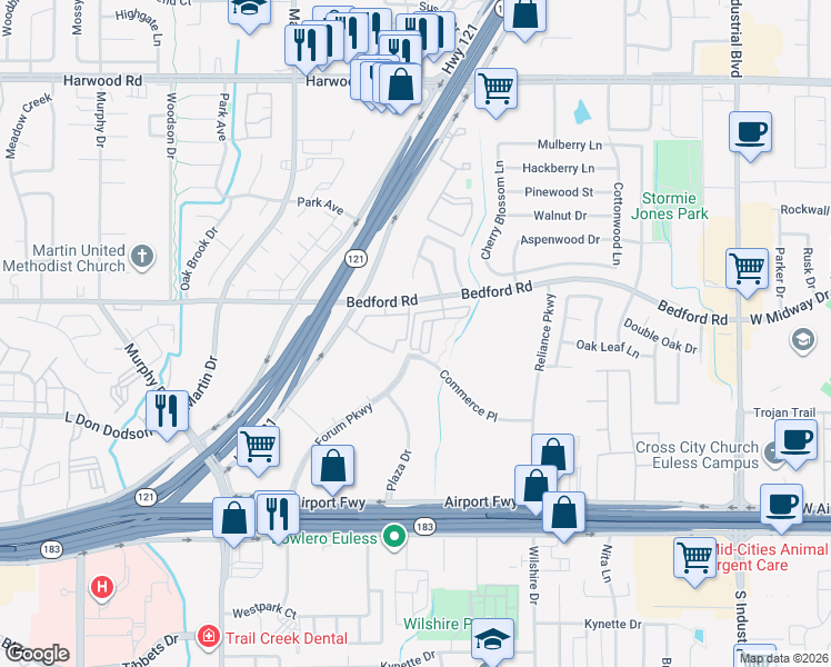 map of restaurants, bars, coffee shops, grocery stores, and more near 3044 Bedford Road in Bedford