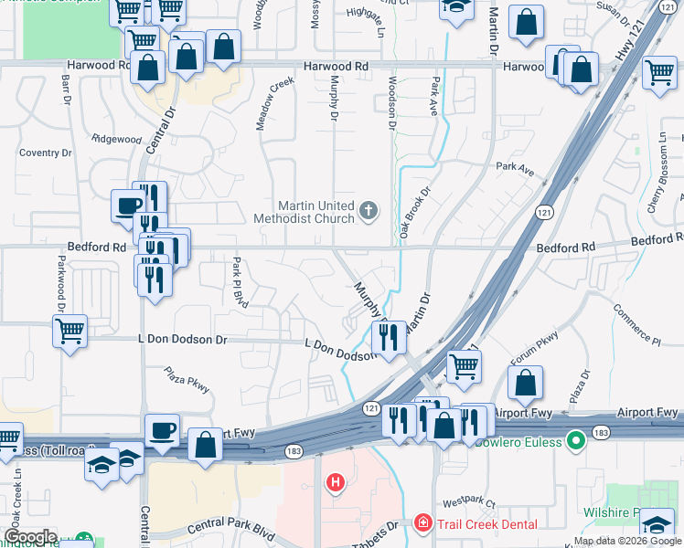 map of restaurants, bars, coffee shops, grocery stores, and more near 2212 Murphy Drive in Bedford