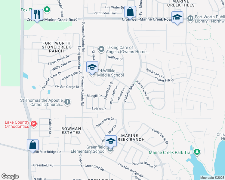 map of restaurants, bars, coffee shops, grocery stores, and more near 6053 Warmouth Drive in Fort Worth