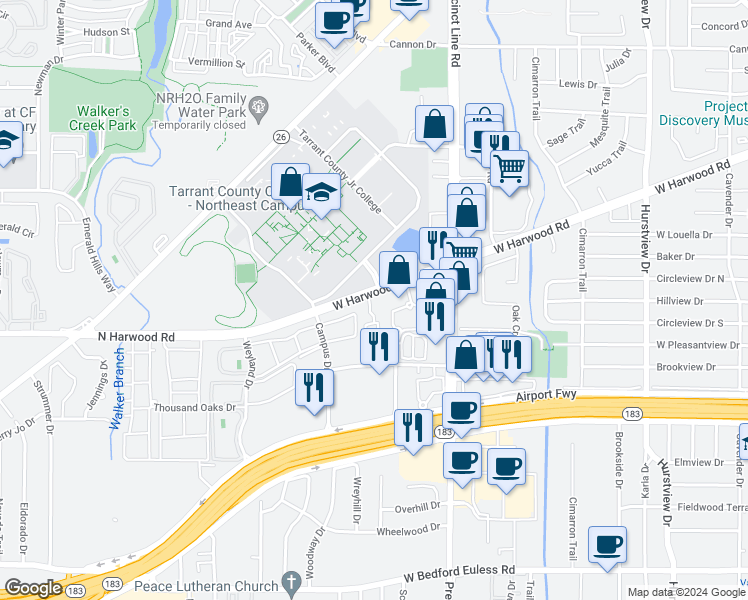 map of restaurants, bars, coffee shops, grocery stores, and more near 815 West Harwood Road in Hurst